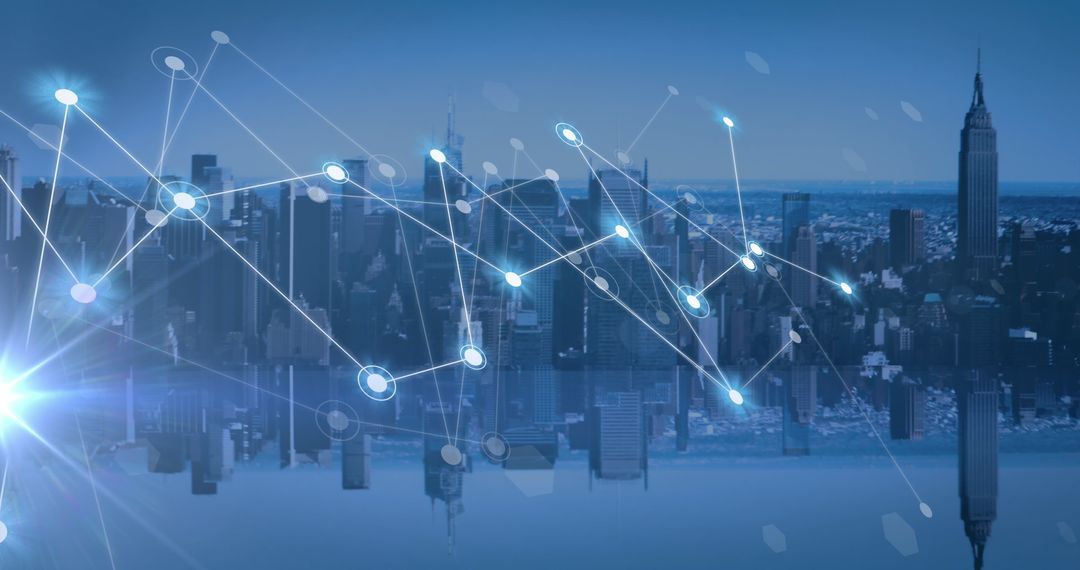A global cityscape overlaid with a digital network of connected data points